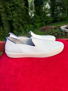 Rothy's White Slip-On Sneakers with Blue Trim